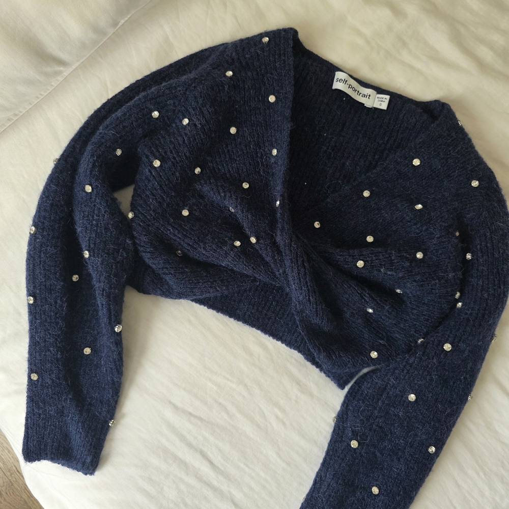 Self-Portrait Navy V-Neck Sweater with Pearl Details